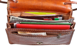 cash, credit cards, documents in small open purse isolated on white background